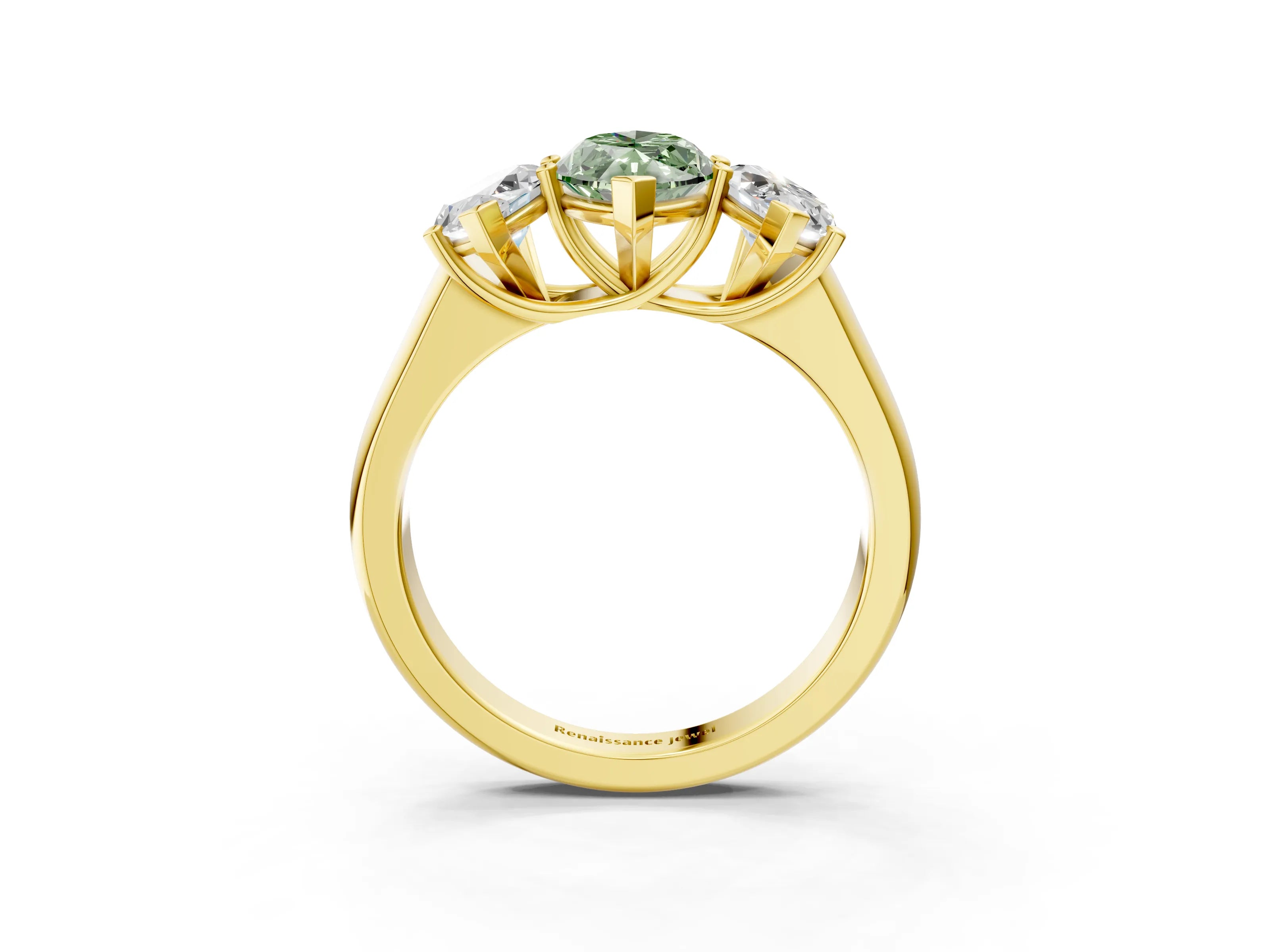 Yellow gold Fancy Green Marquise Cut Three-Stone Diamond Ring with Prong Setting on a Classic Band_3
