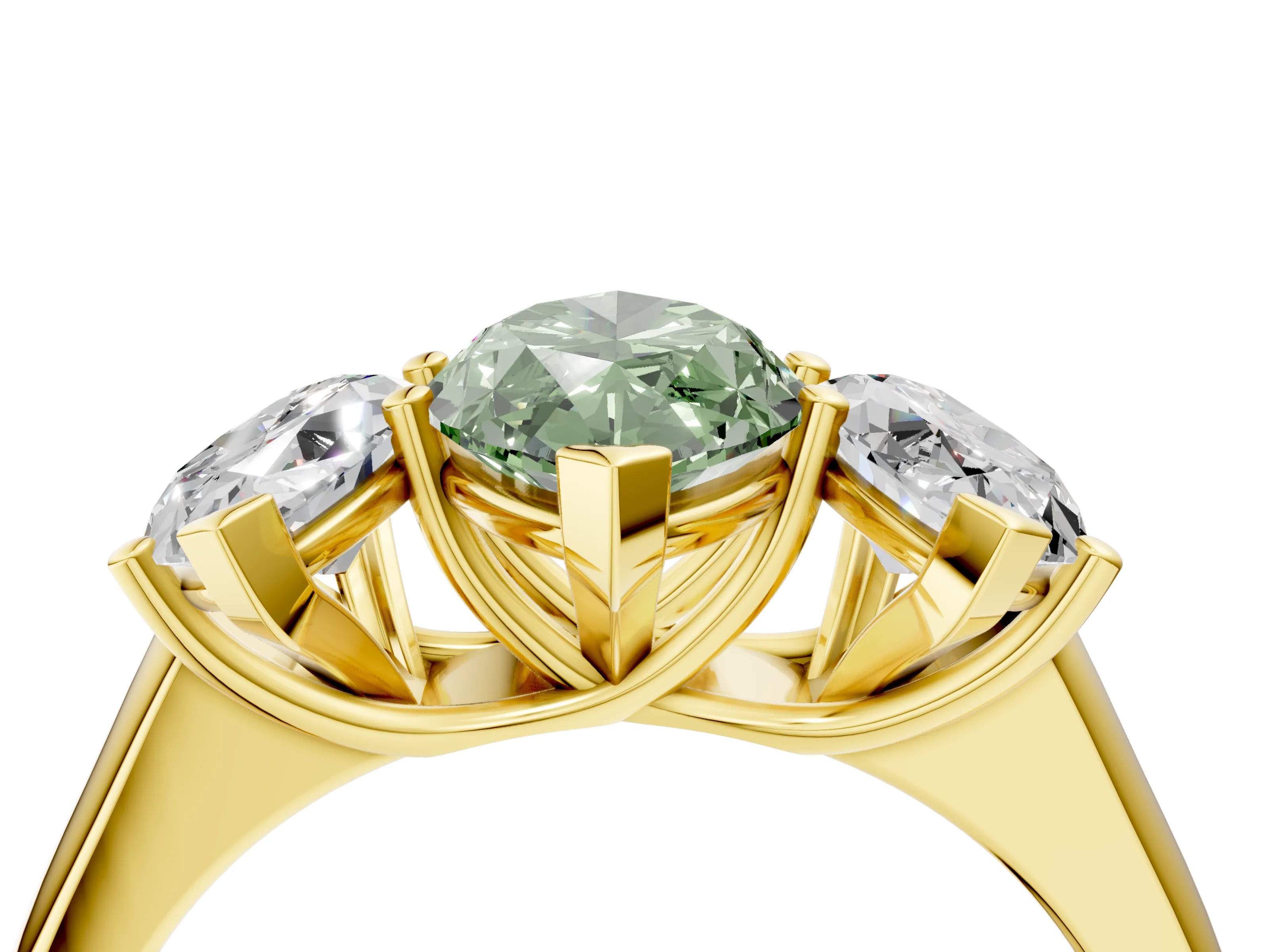 Yellow gold Fancy Green Marquise Cut Three-Stone Diamond Ring with Prong Setting on a Classic Band_4