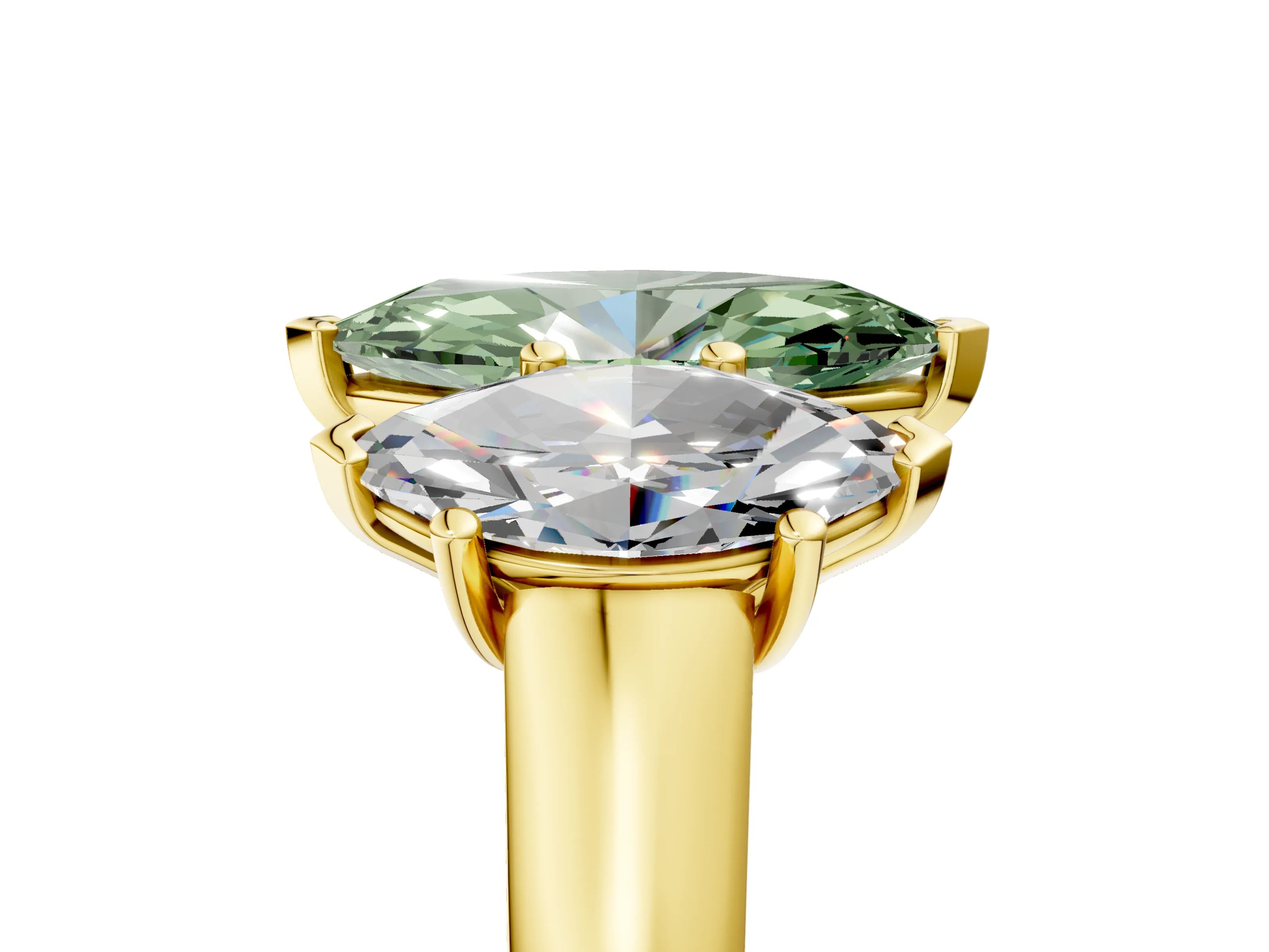Yellow gold Fancy Green Marquise Cut Three-Stone Diamond Ring with Prong Setting on a Classic Band_5