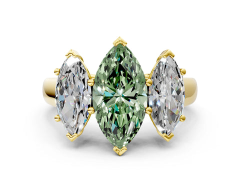 Yellow gold Fancy Green Marquise Cut Three-Stone Diamond Ring with Prong Setting on a Classic Band