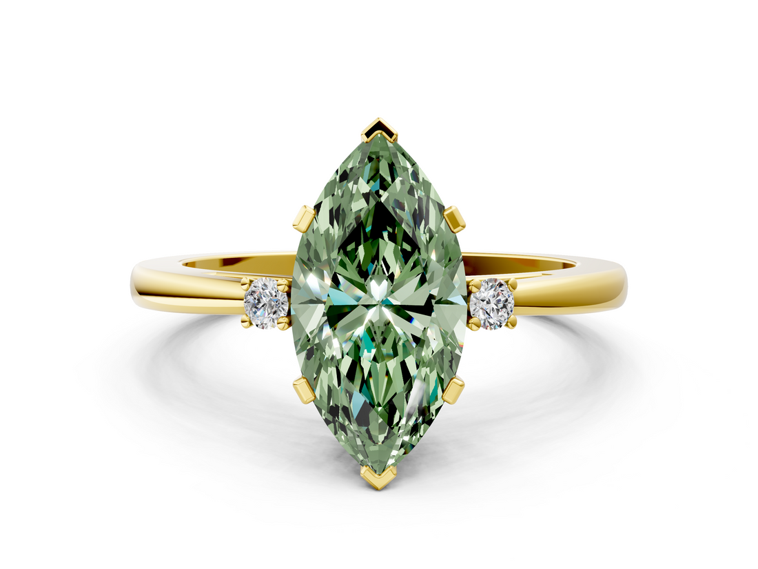 Yellow gold Fancy Green Marquise  Cut Three-Stone Solitaire Ring with Round Accent Diamonds and Four-Prong Setting_19