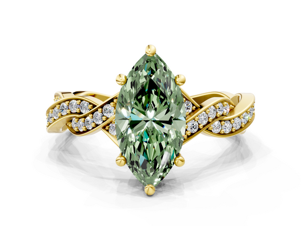 Yellow gold Fancy Green Marquise  Cut Twisted Pavé Band Solitaire Ring with Four-Prong Setting