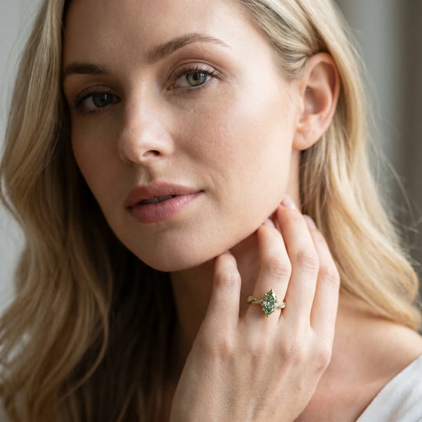 Yellow gold Fancy Green Marquise  Cut Twisted Pavé Band Solitaire Ring with Four-Prong Setting
