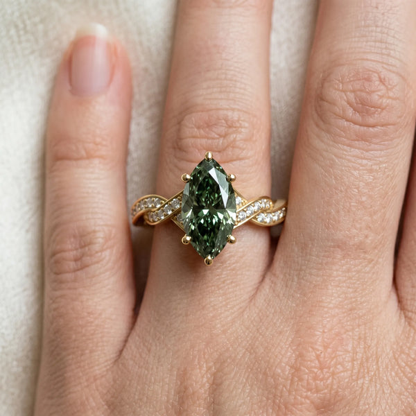 Yellow gold Fancy Green Marquise  Cut Twisted Pavé Band Solitaire Ring with Four-Prong Setting