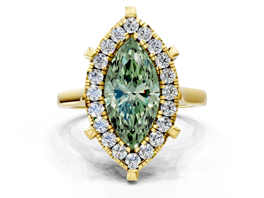 Yellow gold Fancy Green Marquise  Diamond Cluster Halo Solitaire with Four-Prong Setting_76