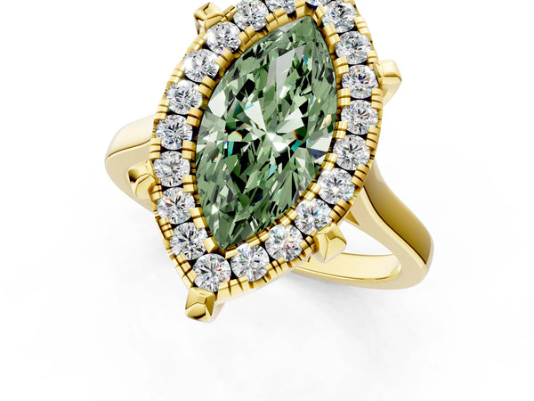 Yellow gold Fancy Green Marquise  Diamond Cluster Halo Solitaire with Four-Prong Setting