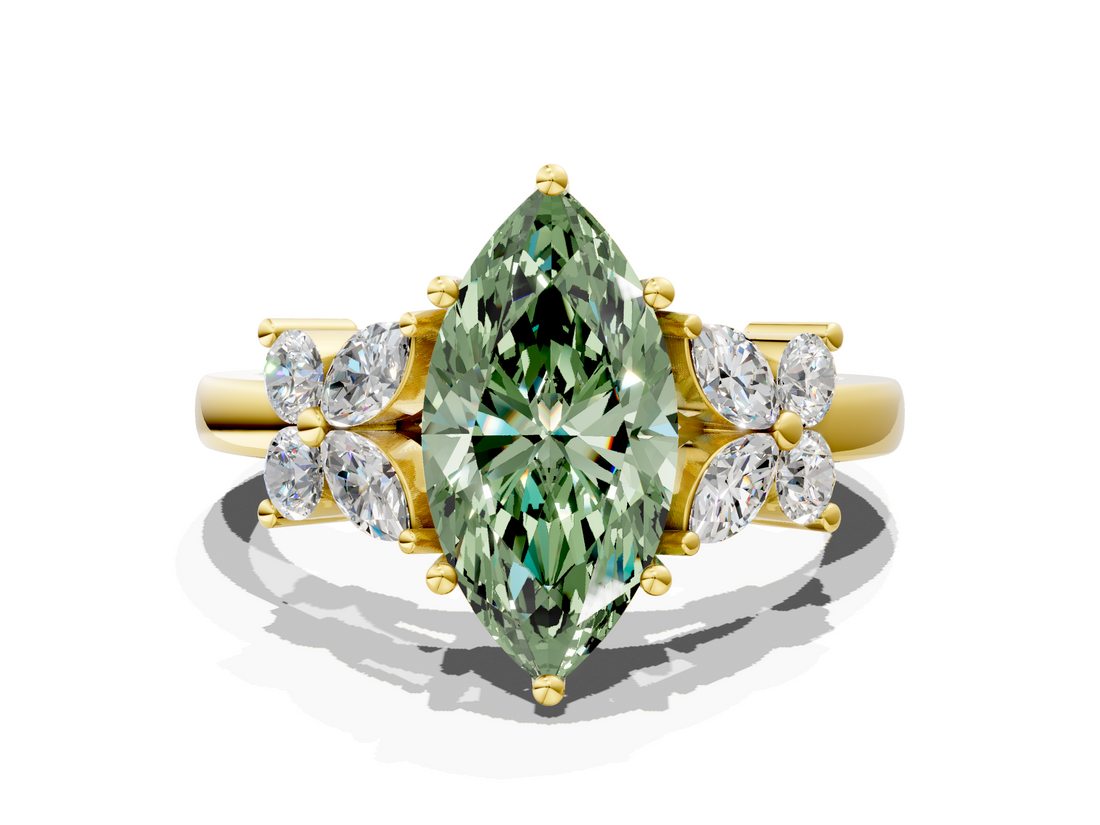 Yellow gold Fancy Green Marquise  Diamond Floral Cluster Ring with Solitaire Band and Prong Setting_26