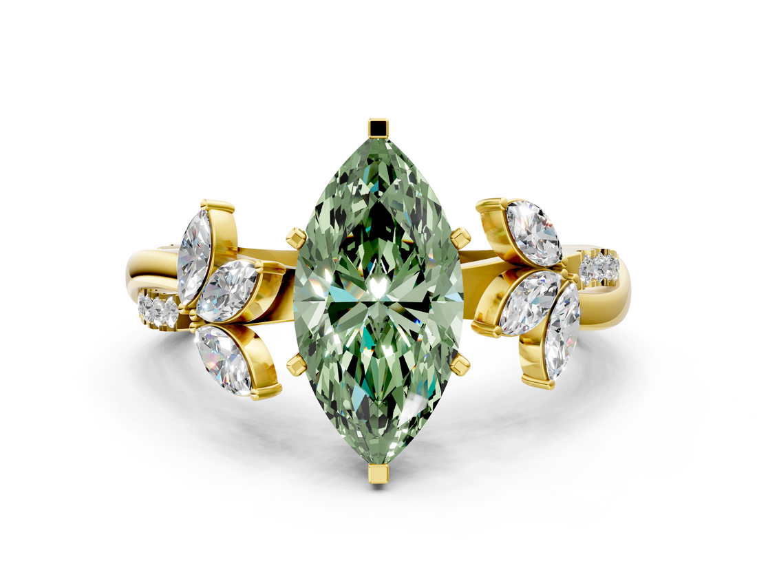 Yellow gold Fancy Green Marquise  Diamond Floral Vine Solitaire Engagement Ring_2