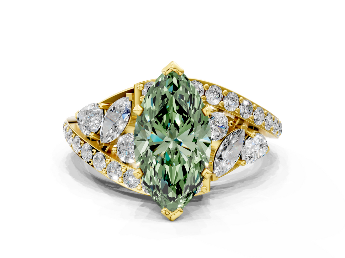 Yellow gold Fancy Green Marquise  Diamond Halo Ring with Marquise and Pavé Band in Prong Setting_52