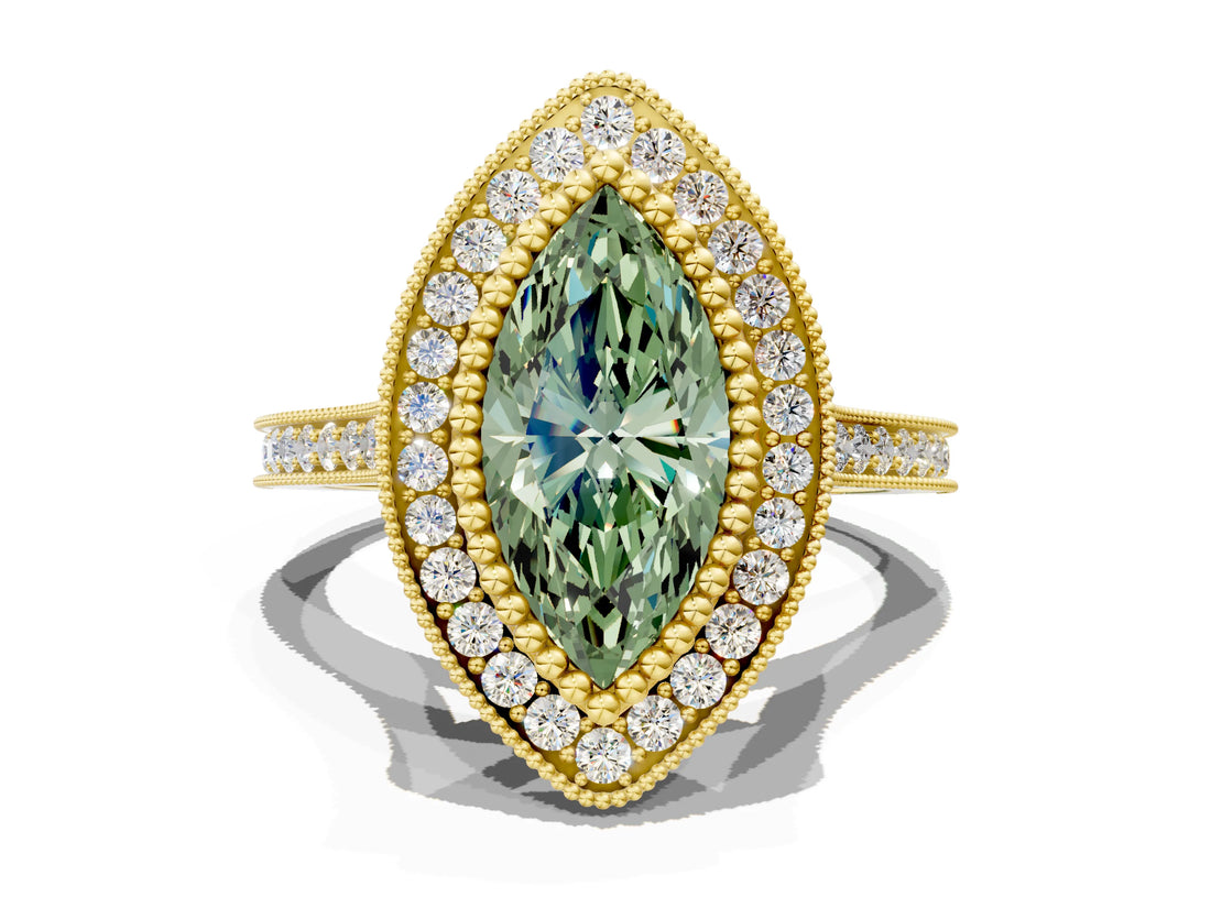 Yellow gold Fancy Green Marquise  Diamond Halo Ring with Milgrain Frame and Pavé Band_60
