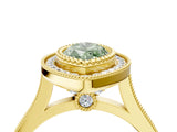 Yellow gold Fancy Green Marquise  Diamond Halo Ring with Milgrain Frame and Pavé Band_64
