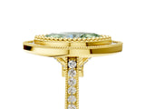 Yellow gold Fancy Green Marquise  Diamond Halo Ring with Milgrain Frame and Pavé Band_65