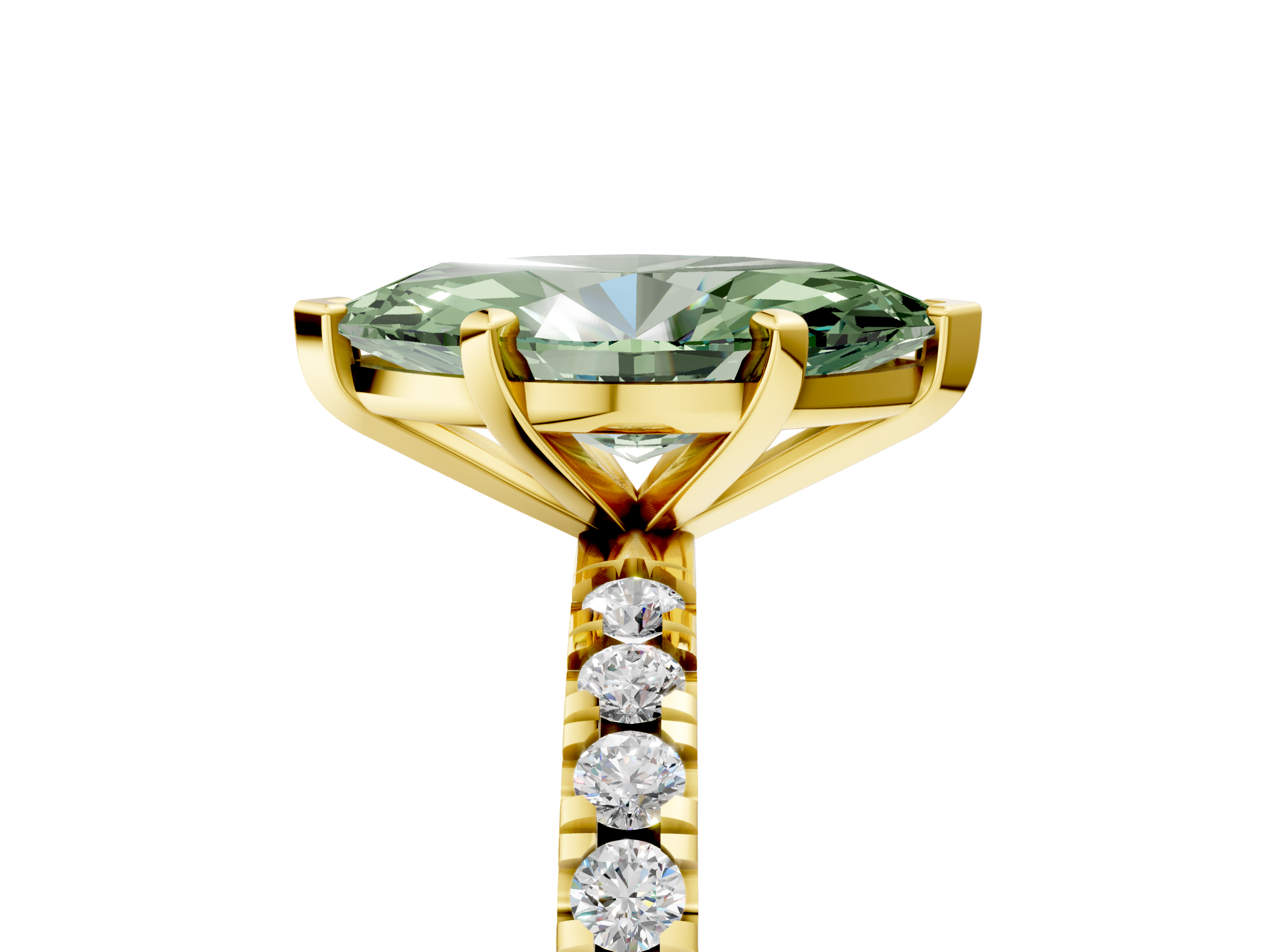 Yellow gold Fancy Green Marquise  Diamond Pavé Band Solitaire with Four-Prong Setting_206