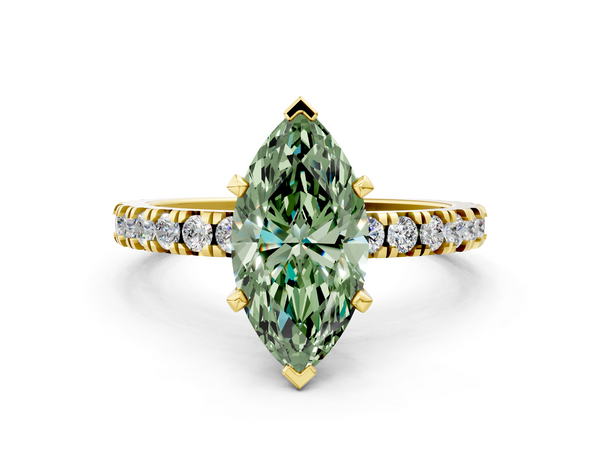 Yellow gold Fancy Green Marquise  Diamond Pavé Band Solitaire with Four-Prong Setting