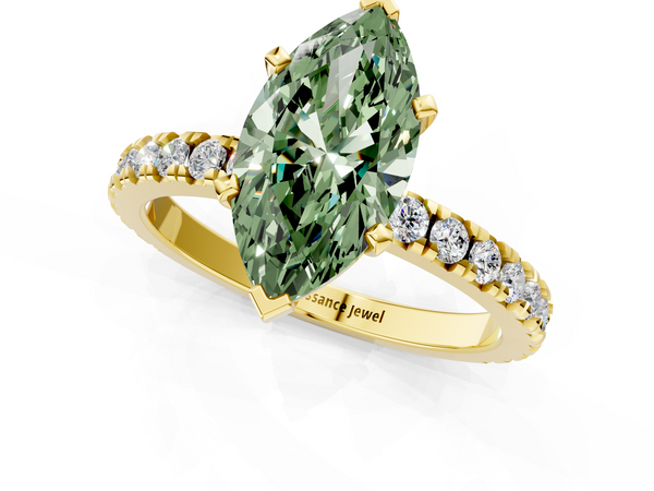 Yellow gold Fancy Green Marquise  Diamond Pavé Band Solitaire with Four-Prong Setting