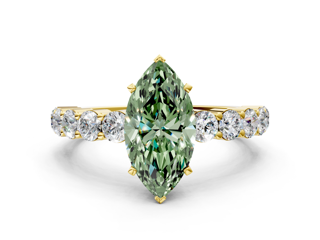 Yellow gold Fancy Green Marquise  Diamond Pavé Band Solitaire with Four-Prong Setting_3