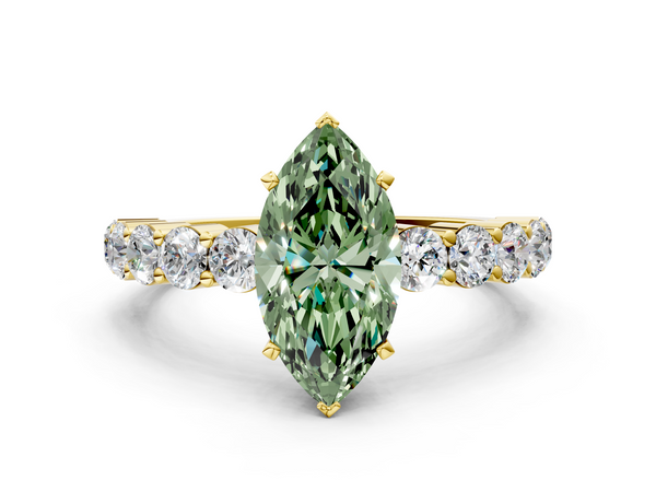 Yellow gold Fancy Green Marquise  Diamond Solitaire Ring with Shared Prong Round Side Stones