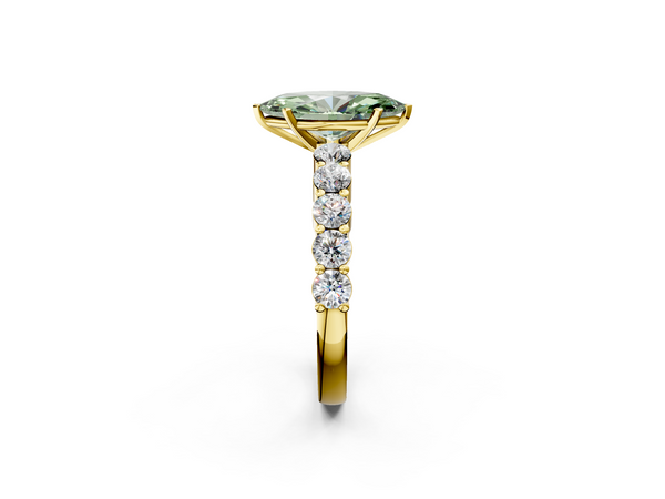 Yellow gold Fancy Green Marquise  Diamond Solitaire Ring with Shared Prong Round Side Stones