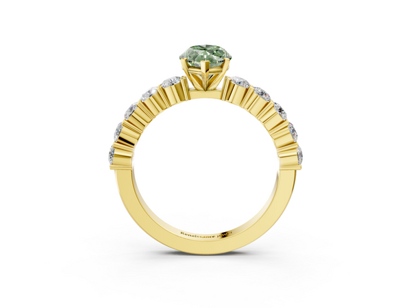 Yellow gold Fancy Green Marquise  Diamond Solitaire Ring with Shared Prong Round Side Stones