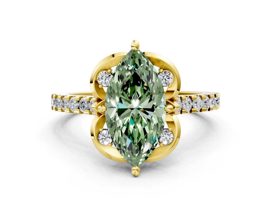 Yellow gold Fancy Green Marquise  Diamond Pave Band with Floral Prong Setting_27