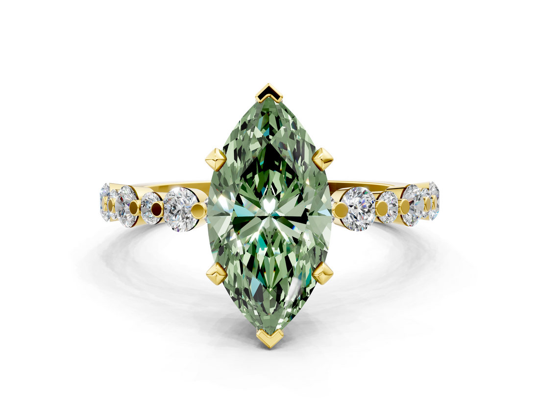 Yellow gold Fancy Green Marquise  Diamond Prong Set Engagement Ring with Pave Band_261