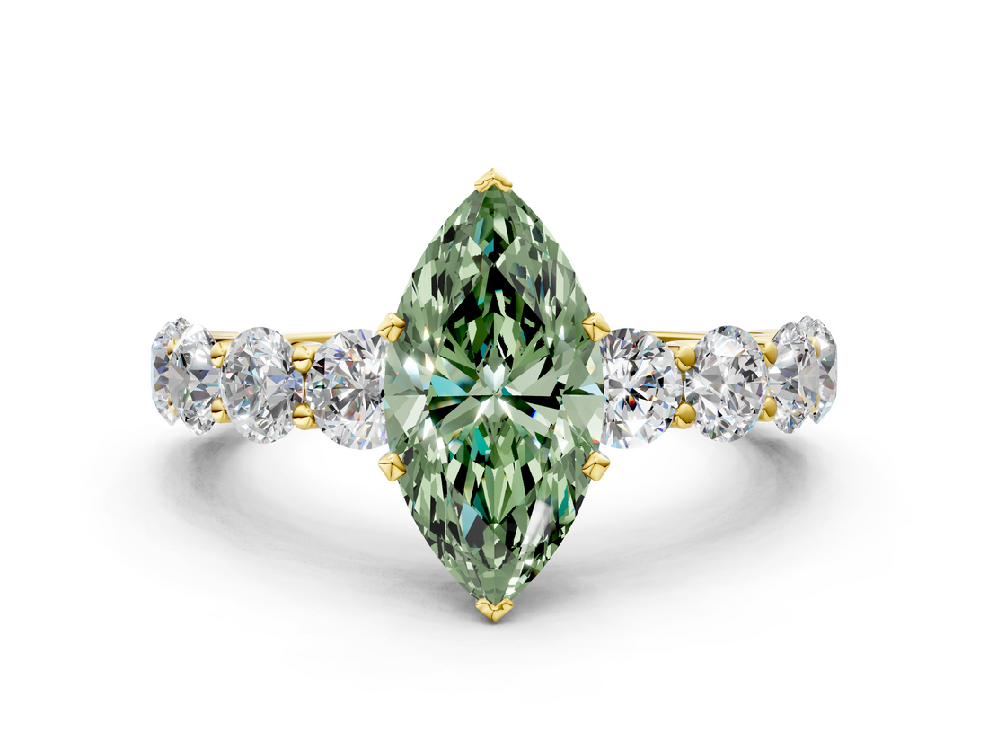 Yellow gold Fancy Green Marquise  Diamond Prong Setting with Side Stones on a Pave Band_130