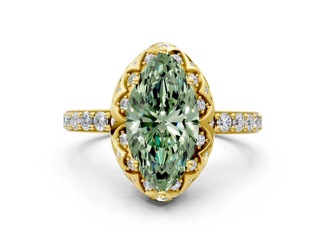 Yellow gold Fancy Green Marquise  Diamond Solitaire Ring with Shared Prong Pavé Band_66