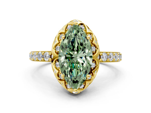 Yellow gold Fancy Green Marquise  Diamond Solitaire Ring with Shared Prong Pavé Band