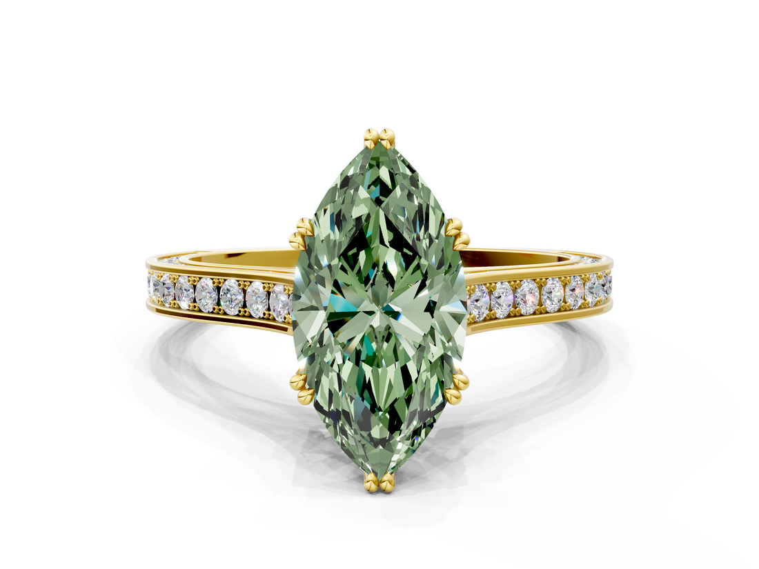 Yellow gold Fancy Green Marquise  Diamond Solitaire with Pave Band and Six-Prong Setting_20