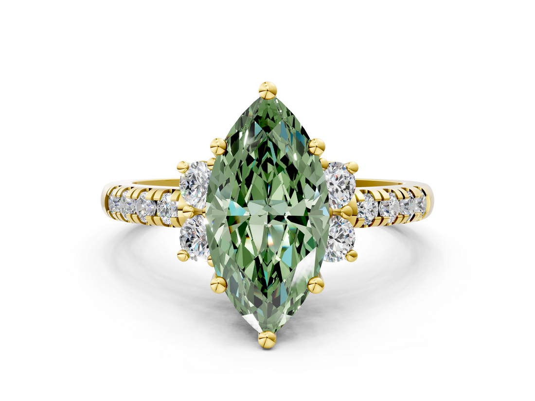 Yellow gold Fancy Green Marquise  Diamond Three-Stone Pave Band with Four-Prong Setting_19