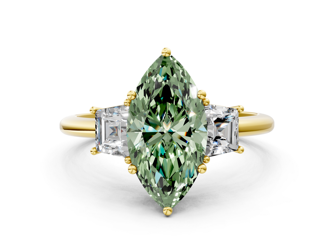 Yellow gold Fancy Green Marquise  Diamond Three-Stone Ring with Trapezoid Side Stones and Prong Setting_17