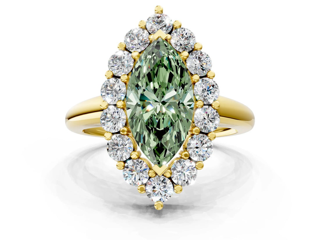 Yellow gold Fancy Green Marquise  Halo Cluster Diamond Engagement Ring with Prong Setting and Polished Band_19