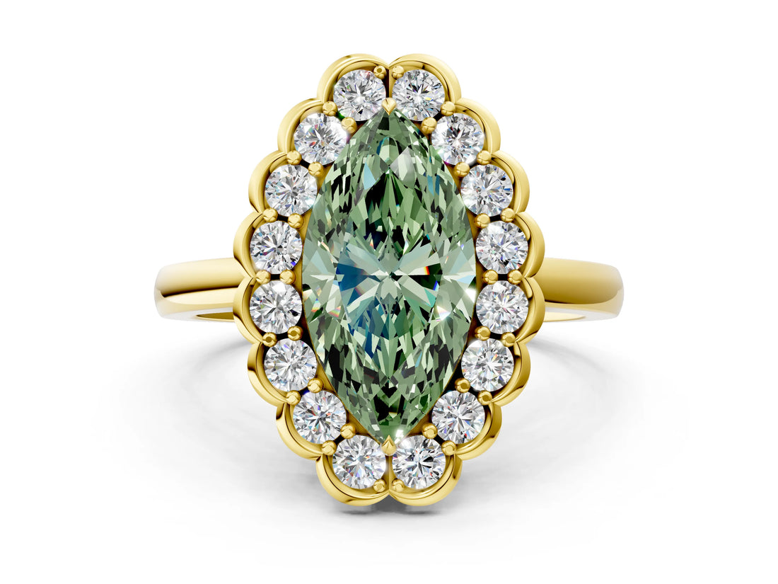 Yellow gold Fancy Green Marquise  Halo Cluster Diamond Engagement Ring with Solitaire Band and Prong Setting_49