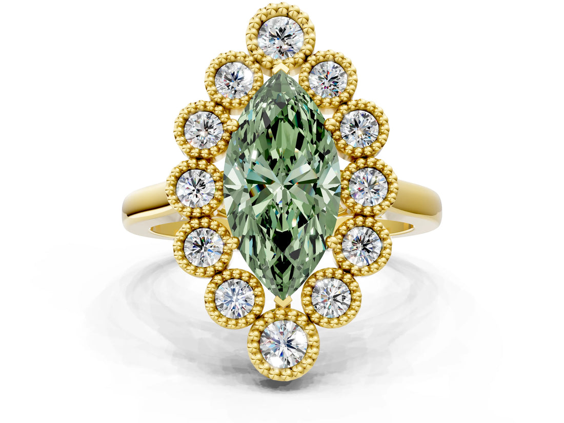 Yellow gold Fancy Green Marquise  Halo Diamond Cluster Engagement Ring with Milgrain Bezel Setting and Solitaire Band_59