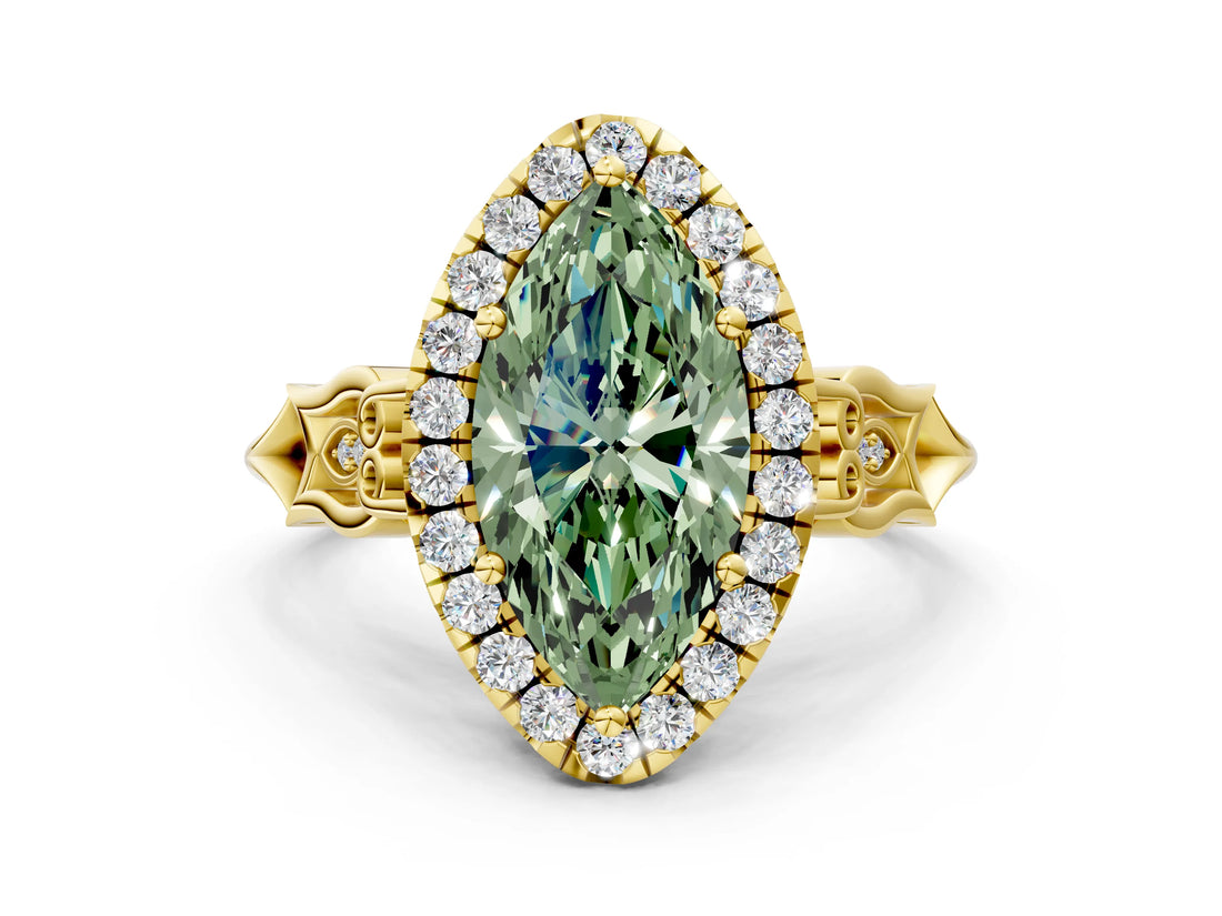 Yellow gold Fancy Green Marquise  Halo Diamond Engagement Ring with Filigree Band and Four-Prong Setting_81