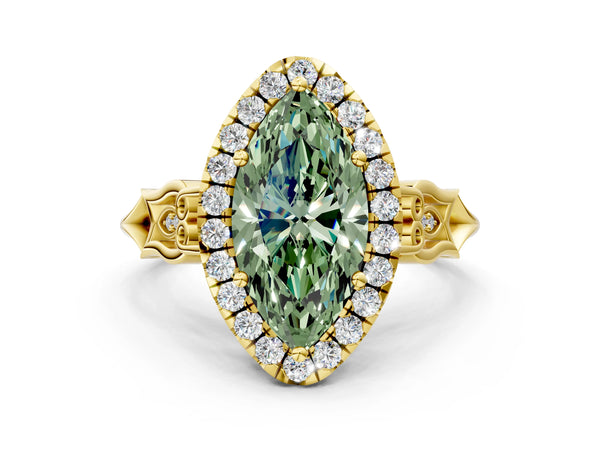 Yellow gold Fancy Green Marquise  Halo Diamond Engagement Ring with Filigree Band and Four-Prong Setting