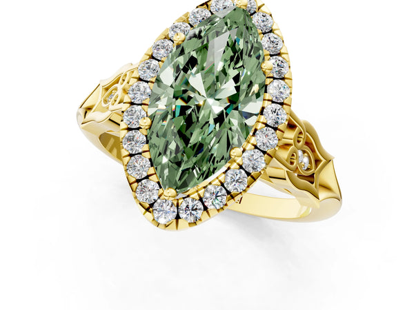 Yellow gold Fancy Green Marquise  Halo Diamond Engagement Ring with Filigree Band and Four-Prong Setting