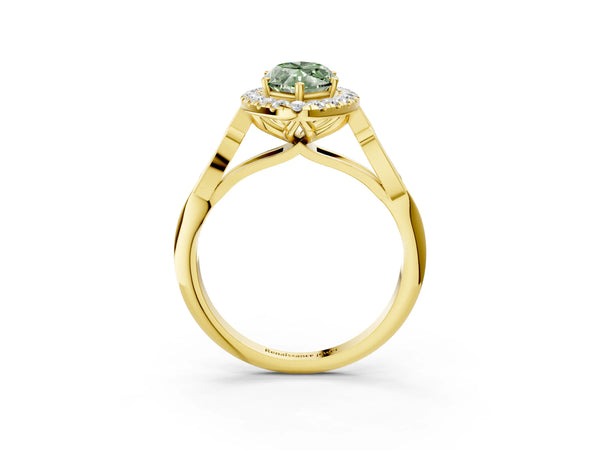 Yellow gold Fancy Green Marquise  Halo Diamond Engagement Ring with Filigree Band and Four-Prong Setting