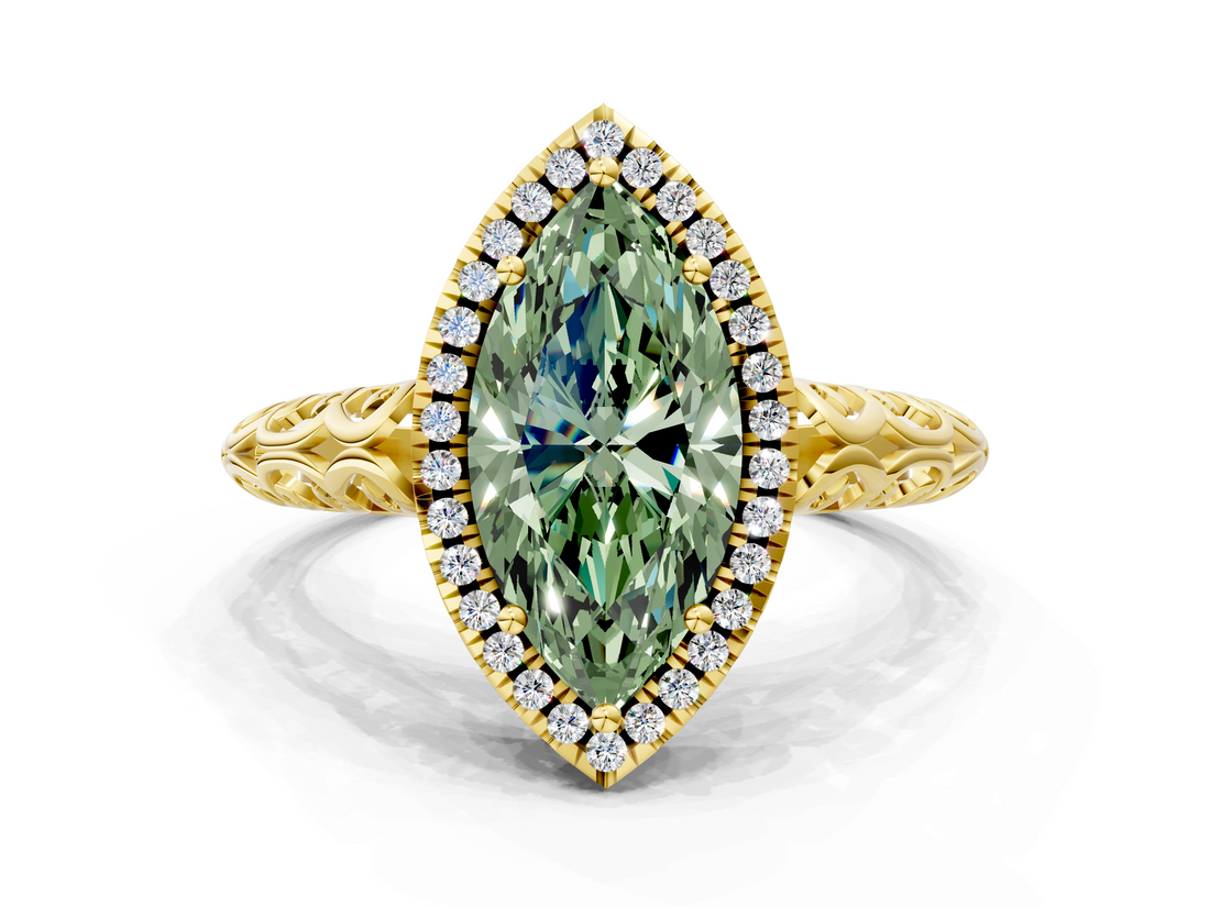Yellow gold Fancy Green Marquise  Halo Diamond Engagement Ring with Intricate Filigree Band and Four-Prong Setting_73