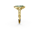 Yellow gold Fancy Green Marquise  Halo Diamond Engagement Ring with Intricate Filigree Band and Four-Prong Setting_75