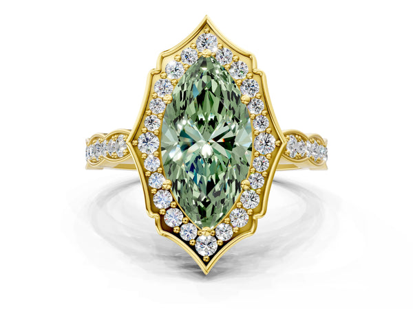 Yellow gold Fancy Green Marquise  Halo Diamond Engagement Ring with Milgrain Band and Four-Prong Setting