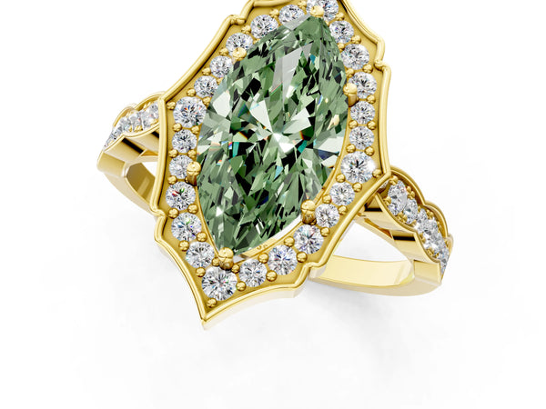 Yellow gold Fancy Green Marquise  Halo Diamond Engagement Ring with Milgrain Band and Four-Prong Setting
