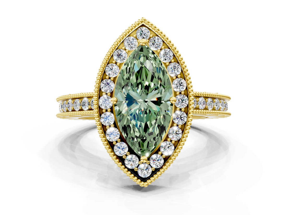 Yellow gold Fancy Green Marquise  Halo Diamond Engagement Ring with Milgrain Pave Band and Four-Prong Setting_12
