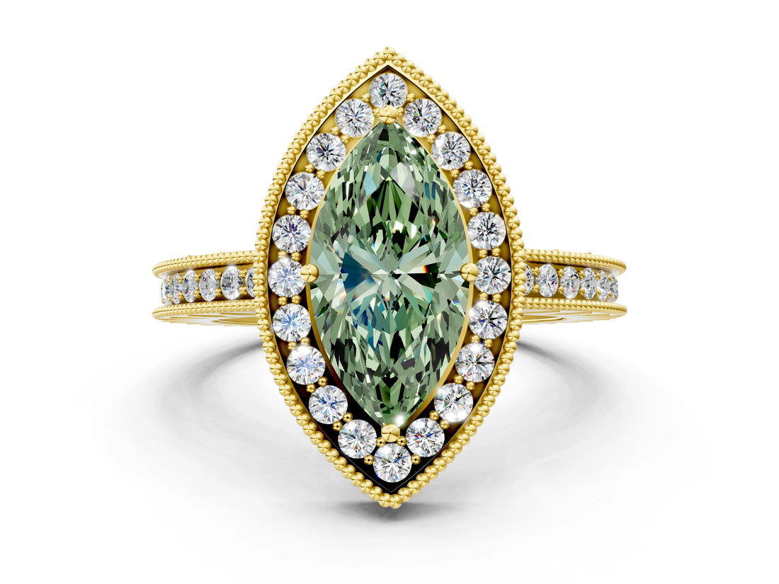 Yellow gold Fancy Green Marquise  Halo Diamond Engagement Ring with Milgrain Pave Band and Four-Prong Setting_51