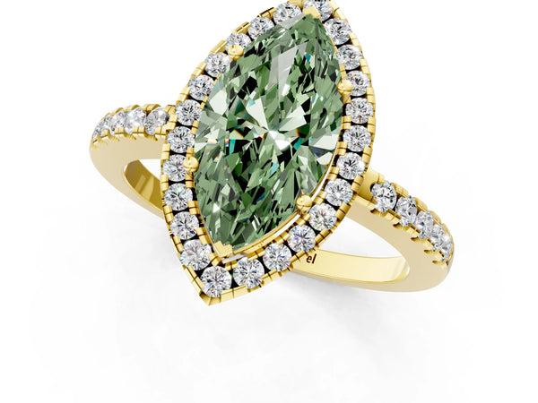 Yellow gold Fancy Green Marquise  Halo Diamond Engagement Ring with Pavé Band and Four-Prong Setting