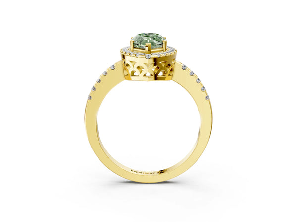 Yellow gold Fancy Green Marquise  Halo Diamond Engagement Ring with Pavé Band and Four-Prong Setting