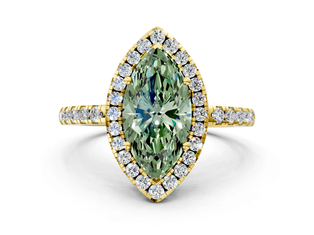 Yellow gold Fancy Green Marquise  Halo Diamond Engagement Ring with Pavé Band and Four-Prong Setting_99