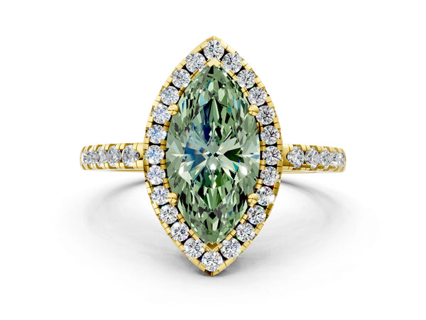 Yellow gold Fancy Green Marquise  Halo Diamond Engagement Ring with Pavé Band and Four-Prong Setting