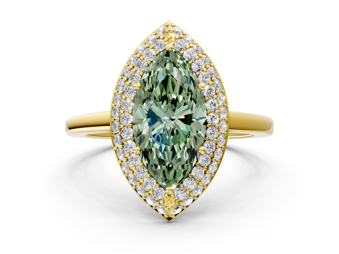 Yellow gold Fancy Green Marquise  Halo Diamond Engagement Ring with Solitaire Band and Four-Prong Setting_20
