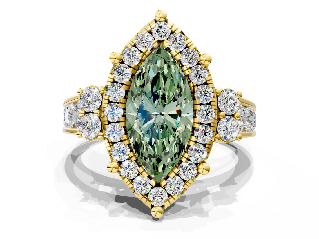 Yellow gold Fancy Green Marquise  Halo Diamond Engagement Ring with Split Shank and Four-Prong Setting_43